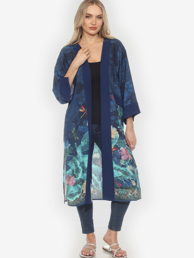 Dragonfly Lotus Turquoise Kimono Duster - M