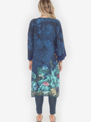 Dragonfly Lotus Turquoise Kimono Duster - M