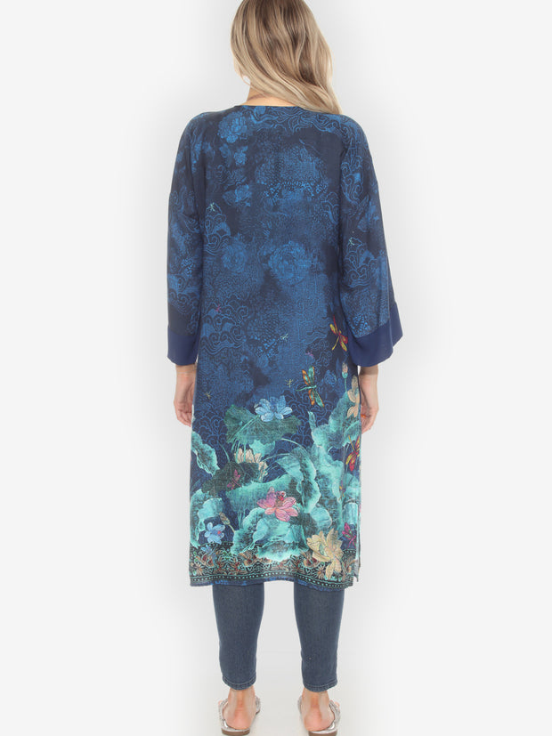 Dragonfly Lotus Turquoise Kimono Duster - M