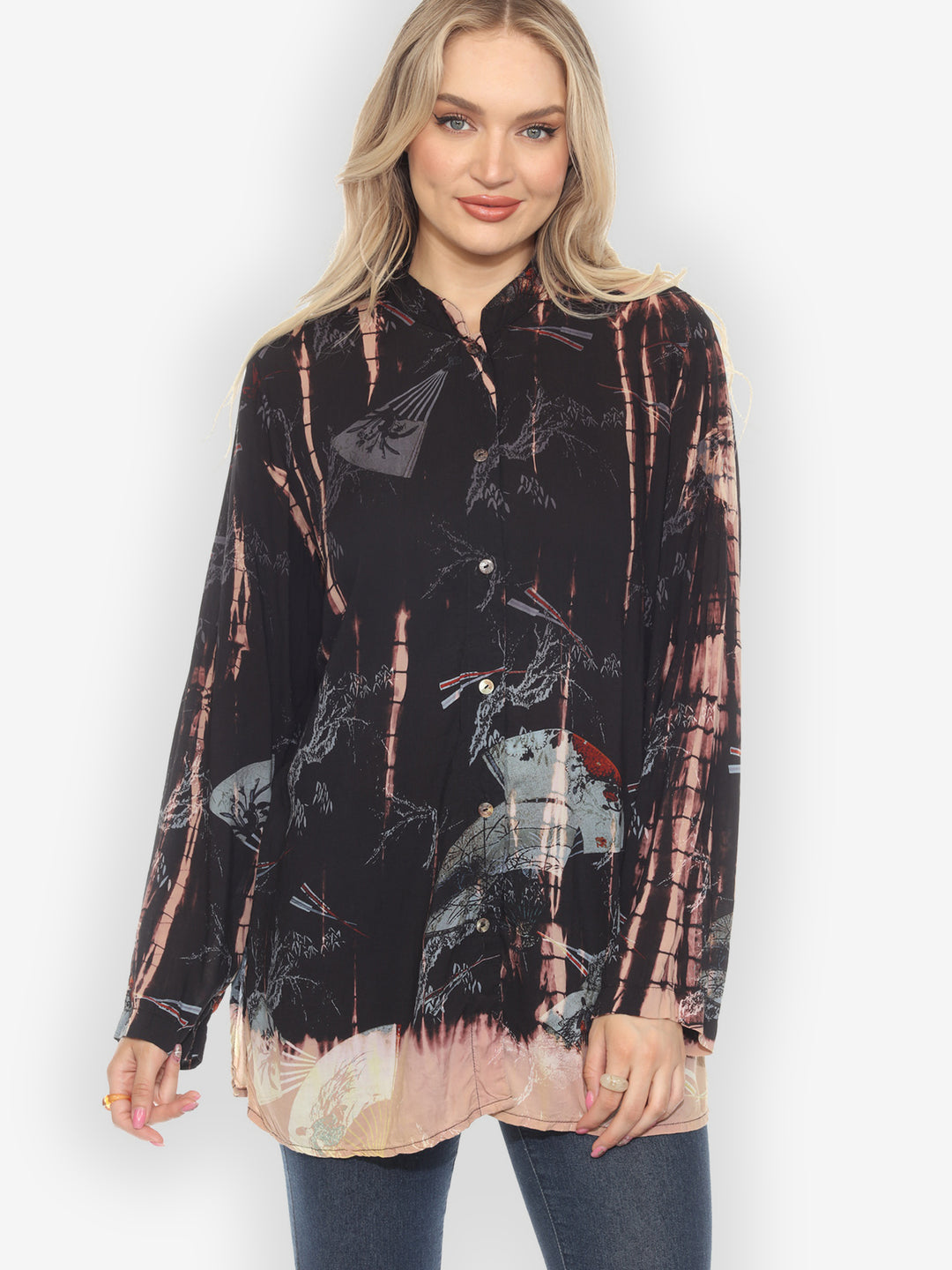 Japanese Fans Sand Bamboo Tie Dye Tie Dye Tunic - 0X
