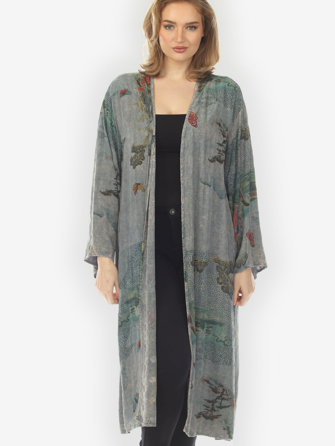 Koi Wave Butterflies Blue Gray Kimono Jacket -1X