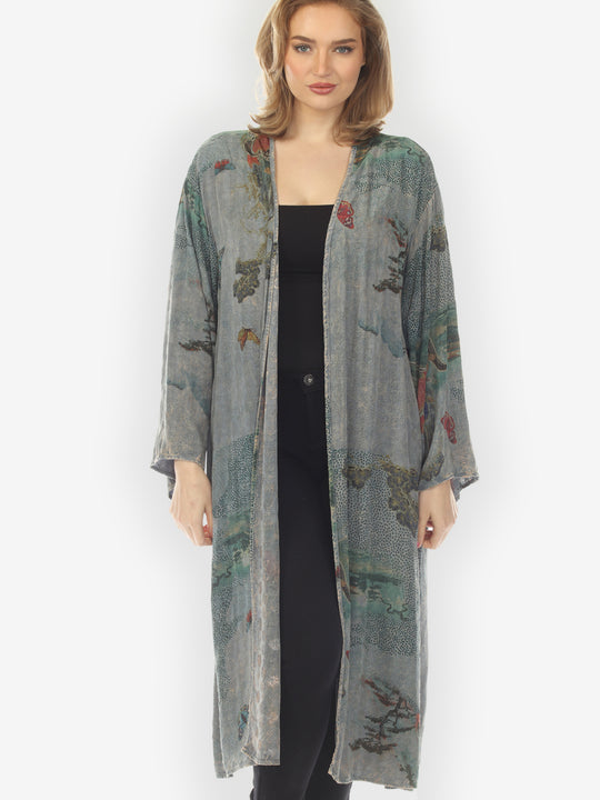 Koi Wave Butterflies Blue Gray Kimono Jacket -1X