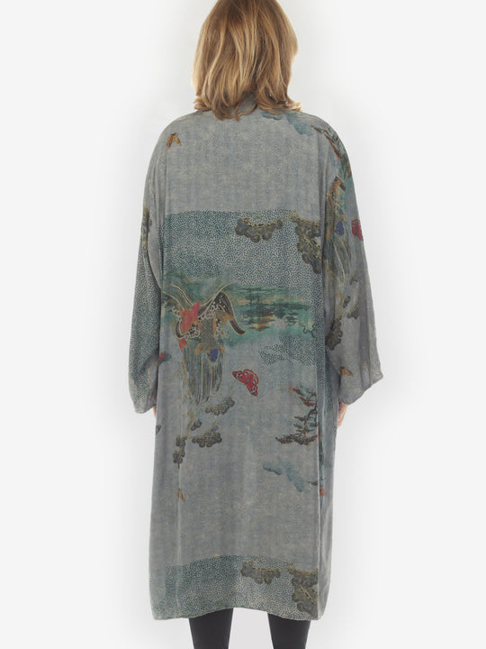 Koi Wave Butterflies Blue Gray Kimono Jacket -1X