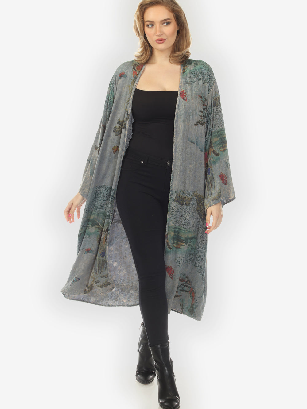 Koi Wave Butterflies Blue Gray Kimono Jacket -1X