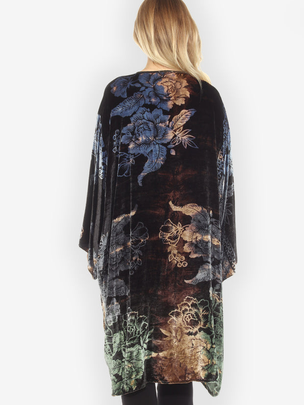 Peony Border Velvet Tie Dye Silk Kimono Jacket - 3X