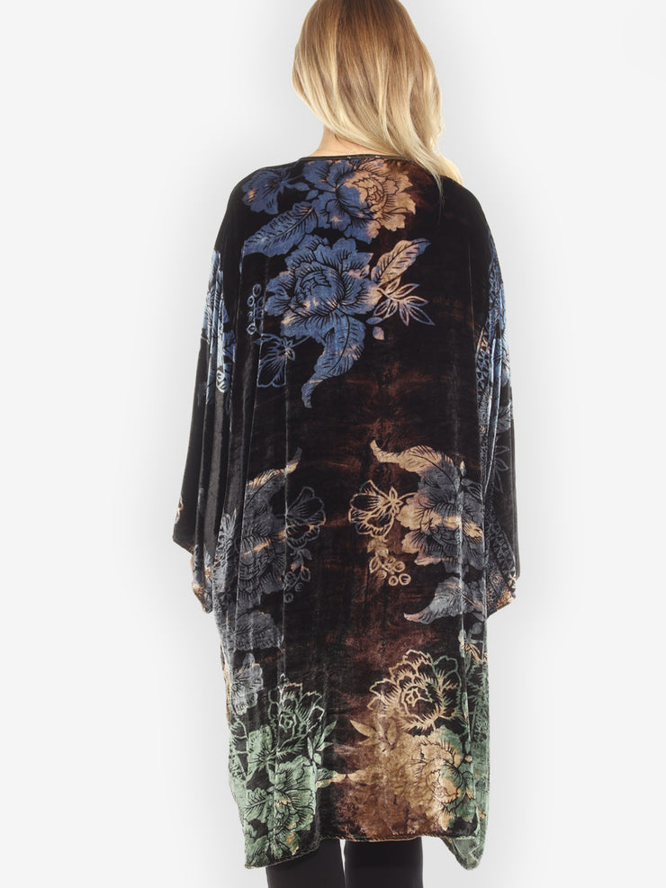 Peony Border Velvet Tie Dye Silk Kimono Jacket - 3X