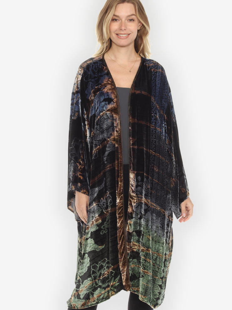 Peony Border Velvet Tie Dye Silk Kimono Jacket - 3X