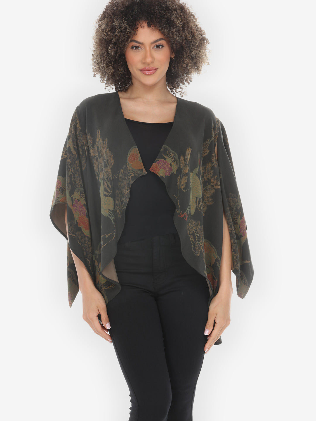 Antique Crane Dyed Flowy Silk Open Front Cardigan - M