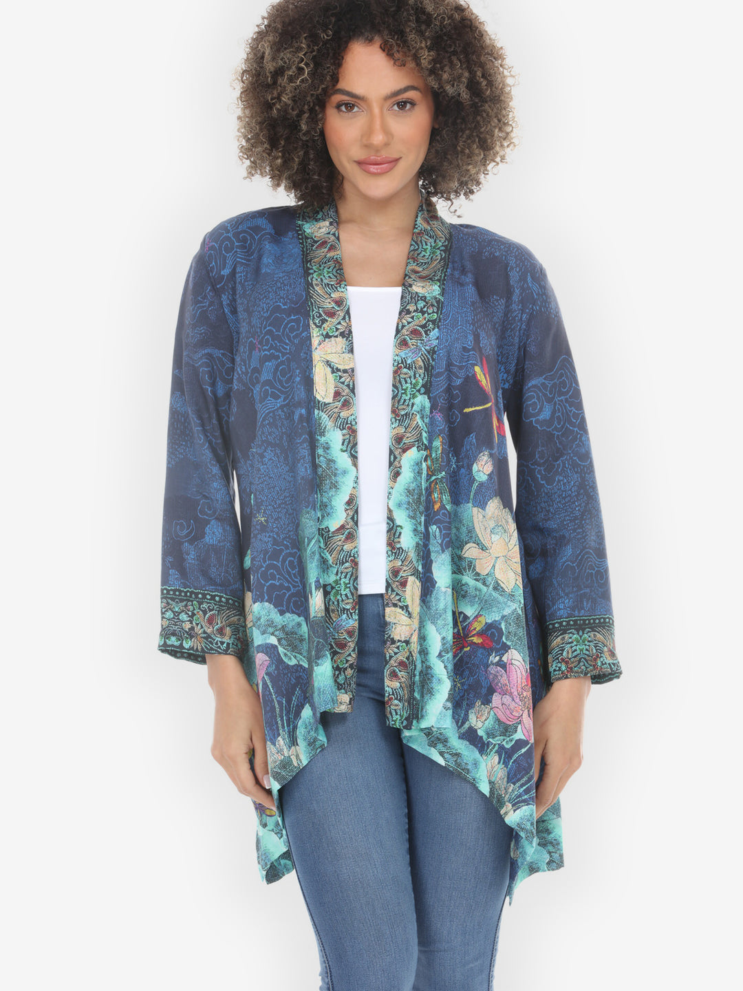 Dragonfly Lotus in Turquoise Kimono Jacket - M