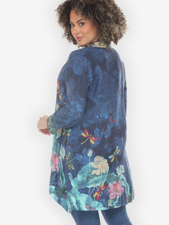 Dragonfly Lotus in Turquoise Kimono Jacket - M