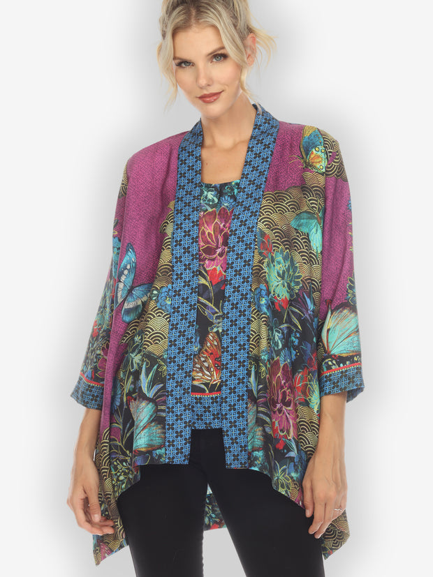 NEW JOHNNY WAS Nephi Silk Floral Butterfly Kimono Tunic Top O/S - Foto 1