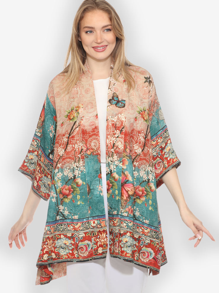 Butterfly Cherry Blossom Flowers Silk Kimono