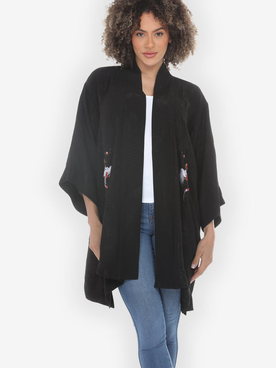 Black Embroidery Phoenix Silk Kimono Jacket