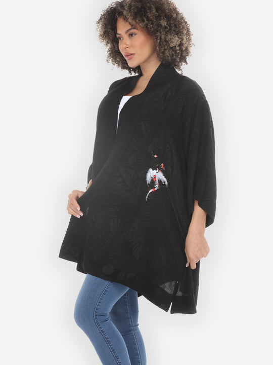 Black Embroidery Phoenix Silk Kimono Jacket