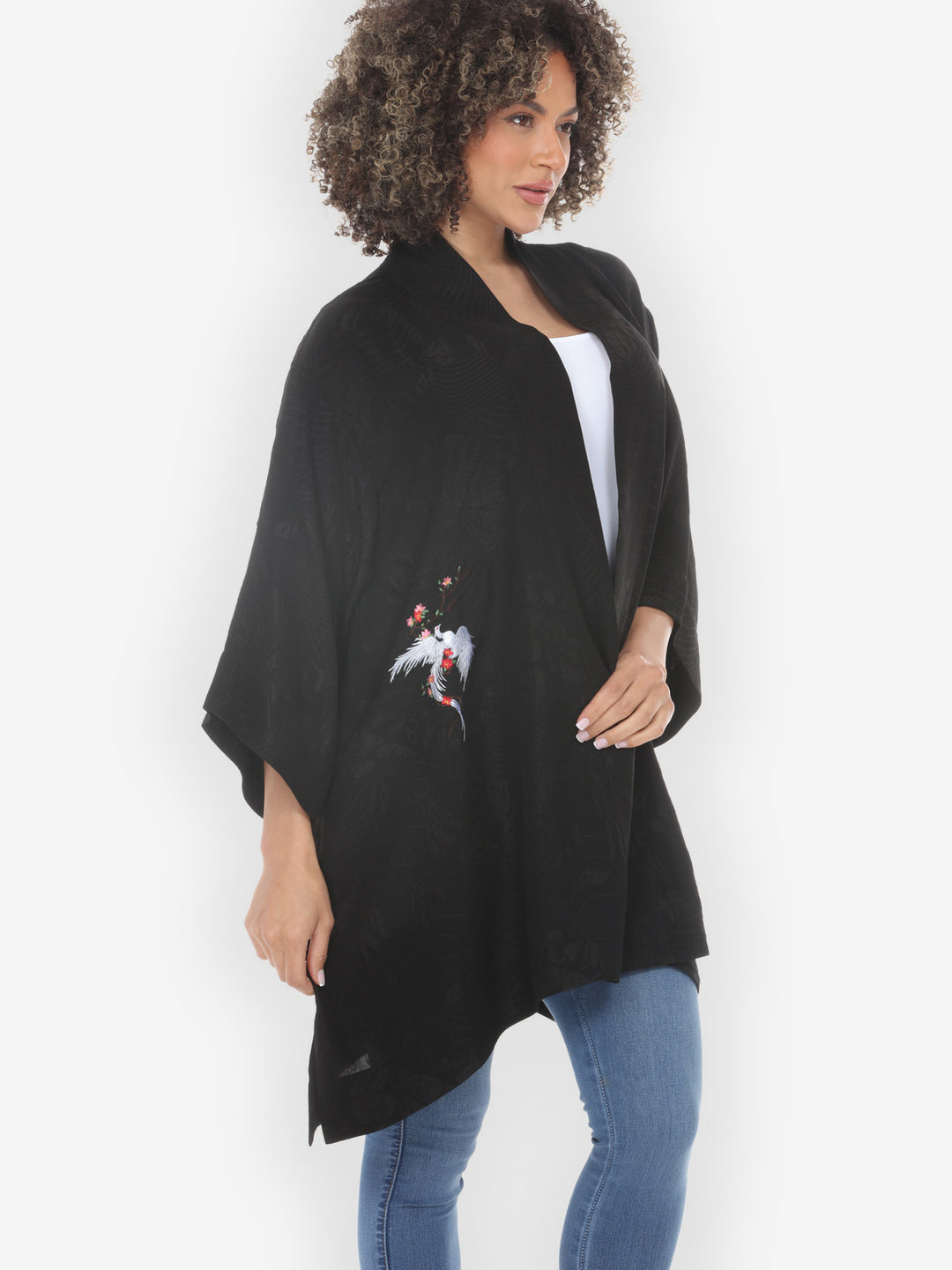 Black Embroidery Phoenix Silk Kimono Jacket