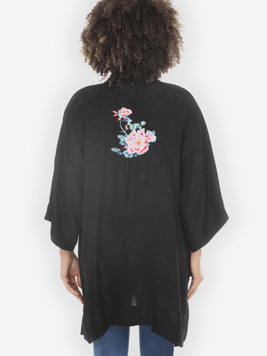 Black Embroidery Phoenix Silk Kimono Jacket