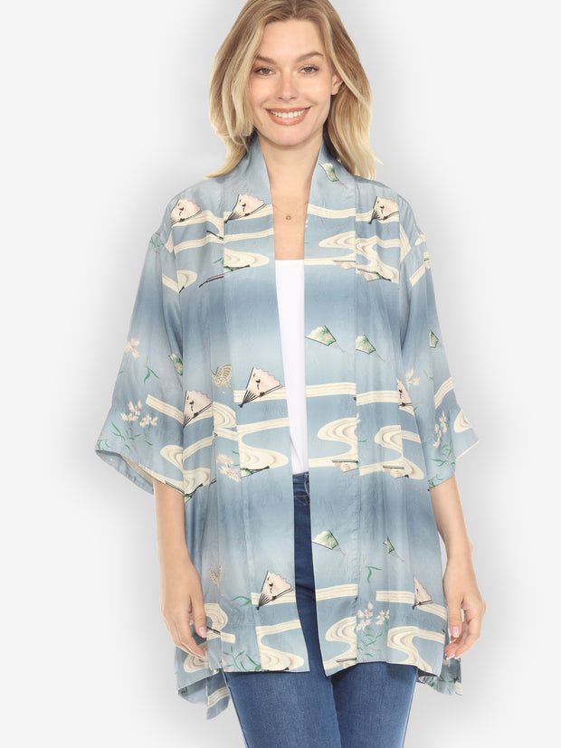 Butterflies Fans Japanese Silk Kimono Jacket - M