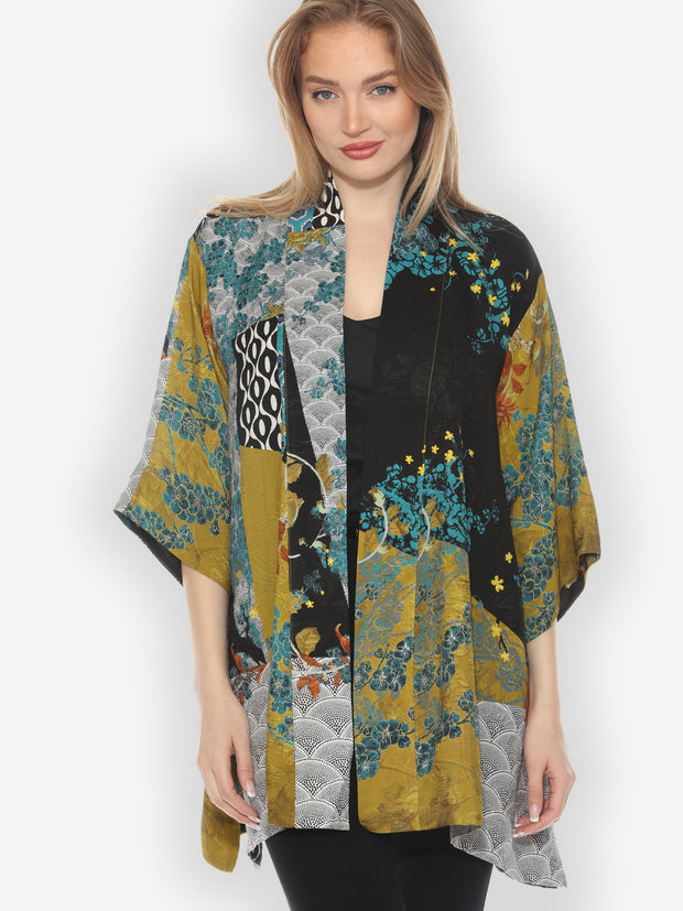 Bohemian Mixed Art in Black Silk Kimono Jacket