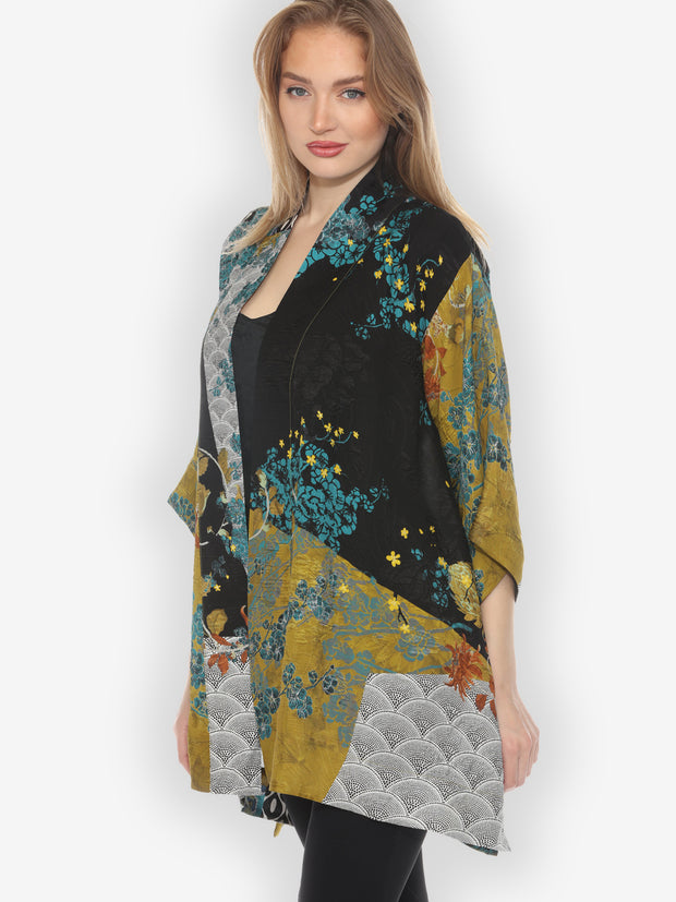 Bohemian Mixed Art in Black Silk Kimono Jacket