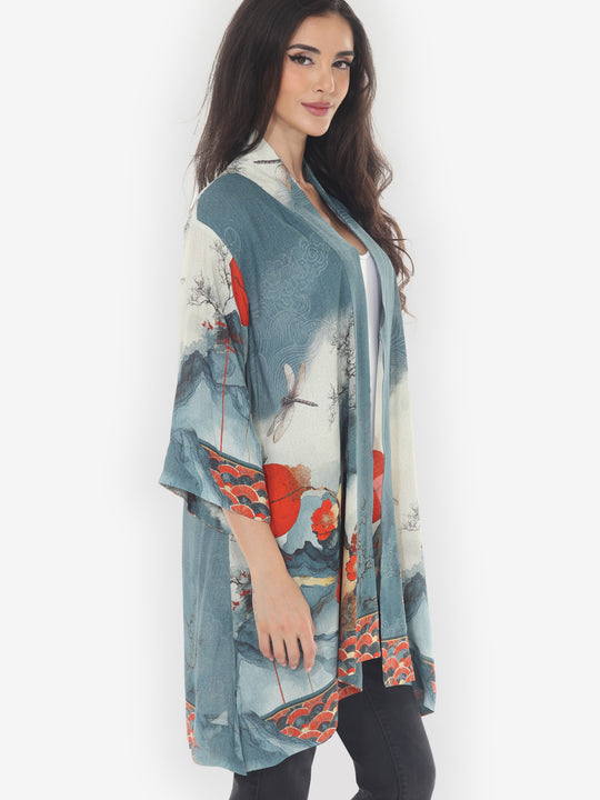 Dragonfly &amp; Mountain Art Kimono Jacket