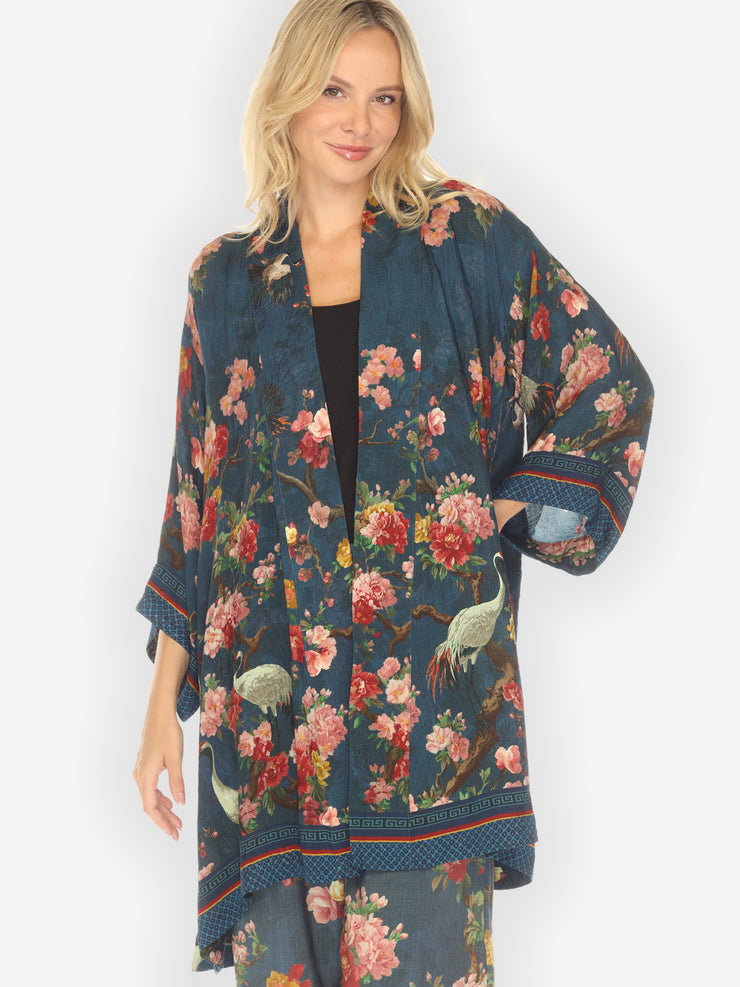 Crane and Cherry Bloom Silk Kimono Jacket