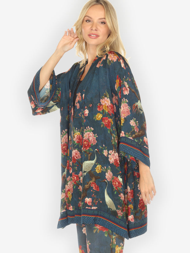 Crane and Cherry Bloom Silk Kimono Jacket