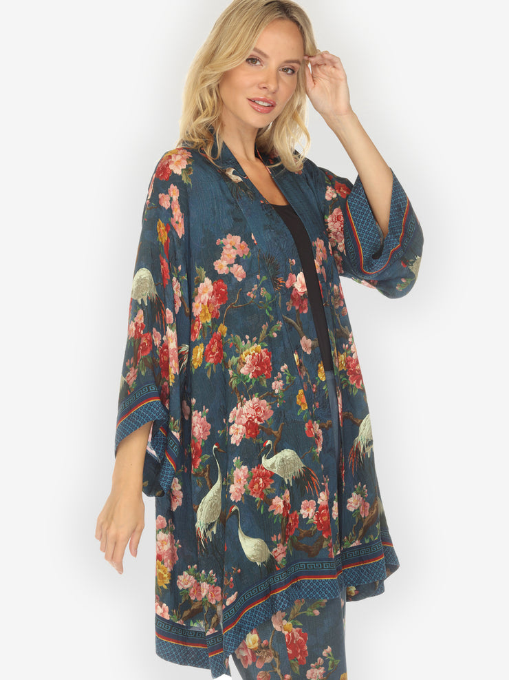 Crane and Cherry Bloom Silk Kimono Jacket