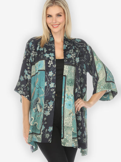 Crane Bamboo Floral Silk Kimono Jacket