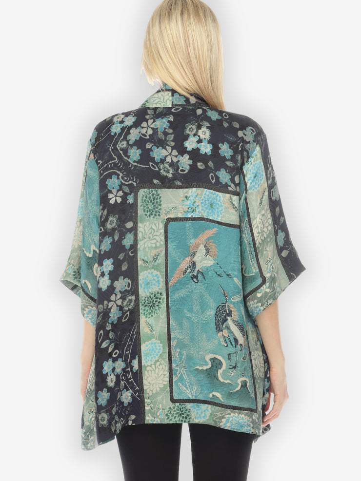 Crane Bamboo Floral Silk Kimono Jacket