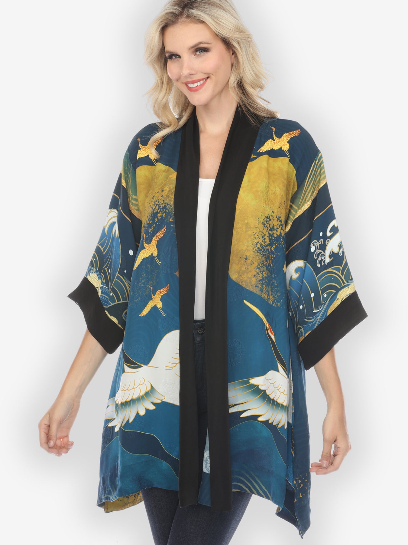 Citron black, discount turquoise blue silk/cotton kimono