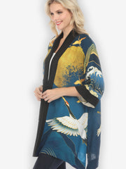 Crane Sky Gold Blue Silk Kimono Jacket