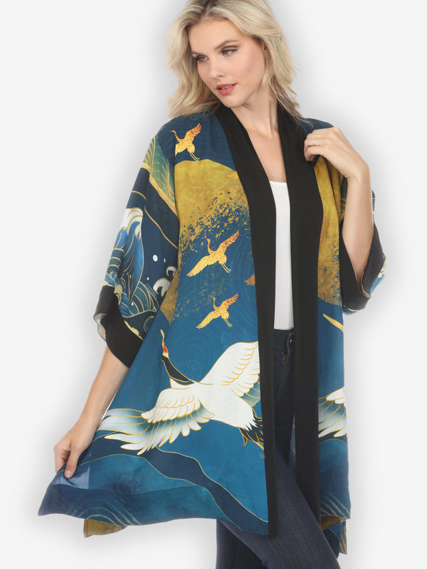 Crane Sky Gold Blue Silk Kimono Jacket