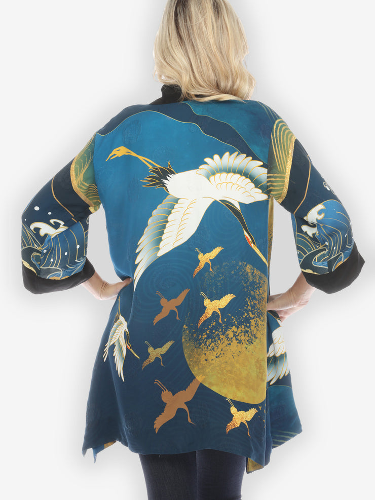 Crane Sky Gold Blue Silk Kimono Jacket