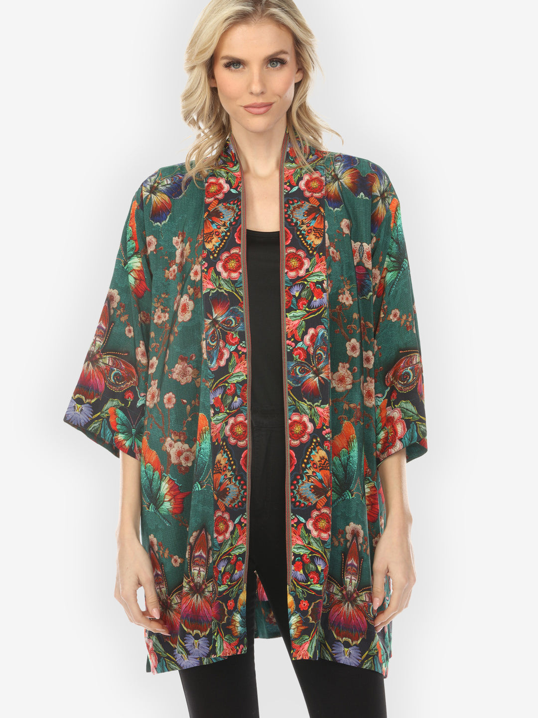 Embroidery Butterflies Blossom Silk Kimono Jacket