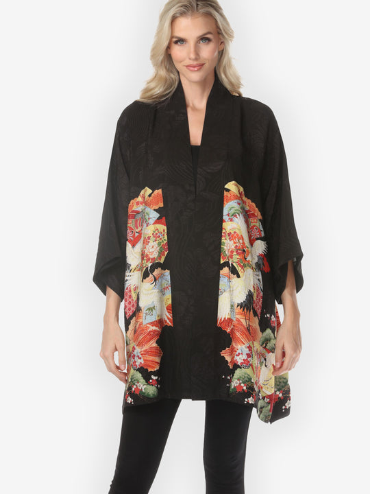 Fans Cranes Pines Silk Kimono Jacket
