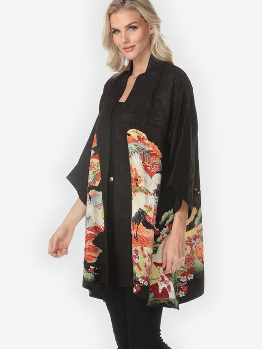 Fans Cranes Pines Silk Kimono Jacket
