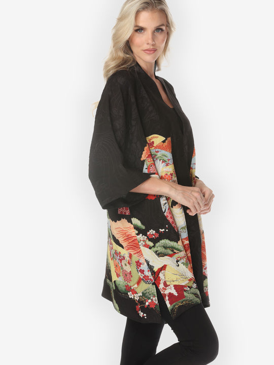 Fans Cranes Pines Silk Kimono Jacket