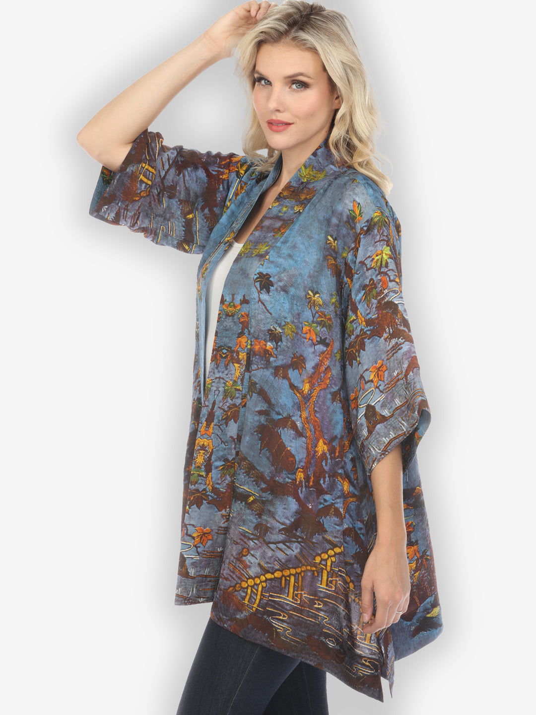 Flowers Over Water Silk Blend Kimono Jacket