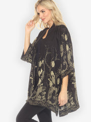 Graceful Fish Flowers in Black Silk Kimono Jacket