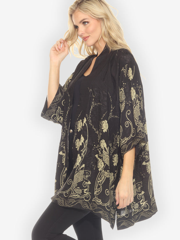 Graceful Fish Flowers in Black Silk Kimono Jacket