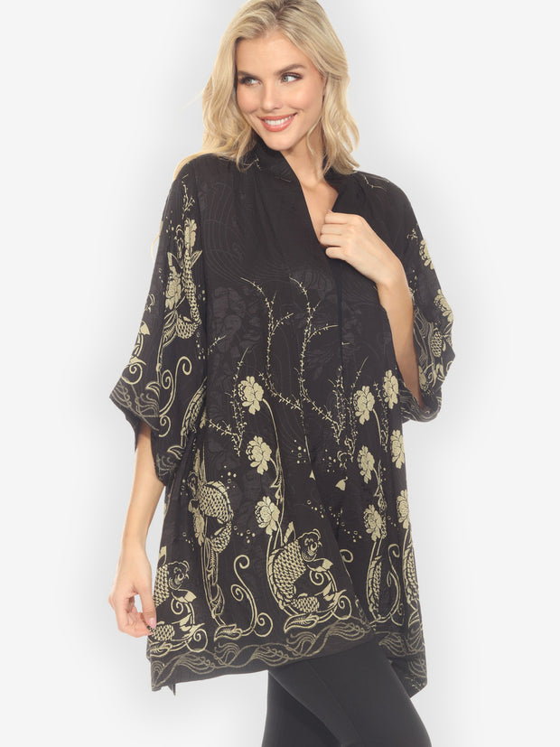 Graceful Fish Flowers in Black Silk Kimono Jacket