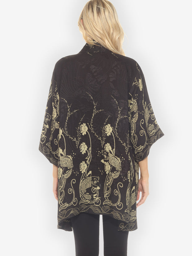 Graceful Fish Flowers in Black Silk Kimono Jacket