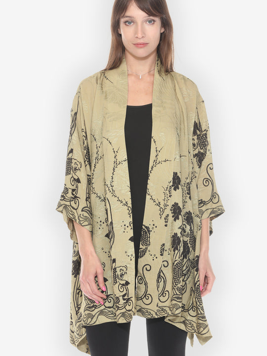 Graceful Fish Flowers in Khaki Silk Kimono Jacket