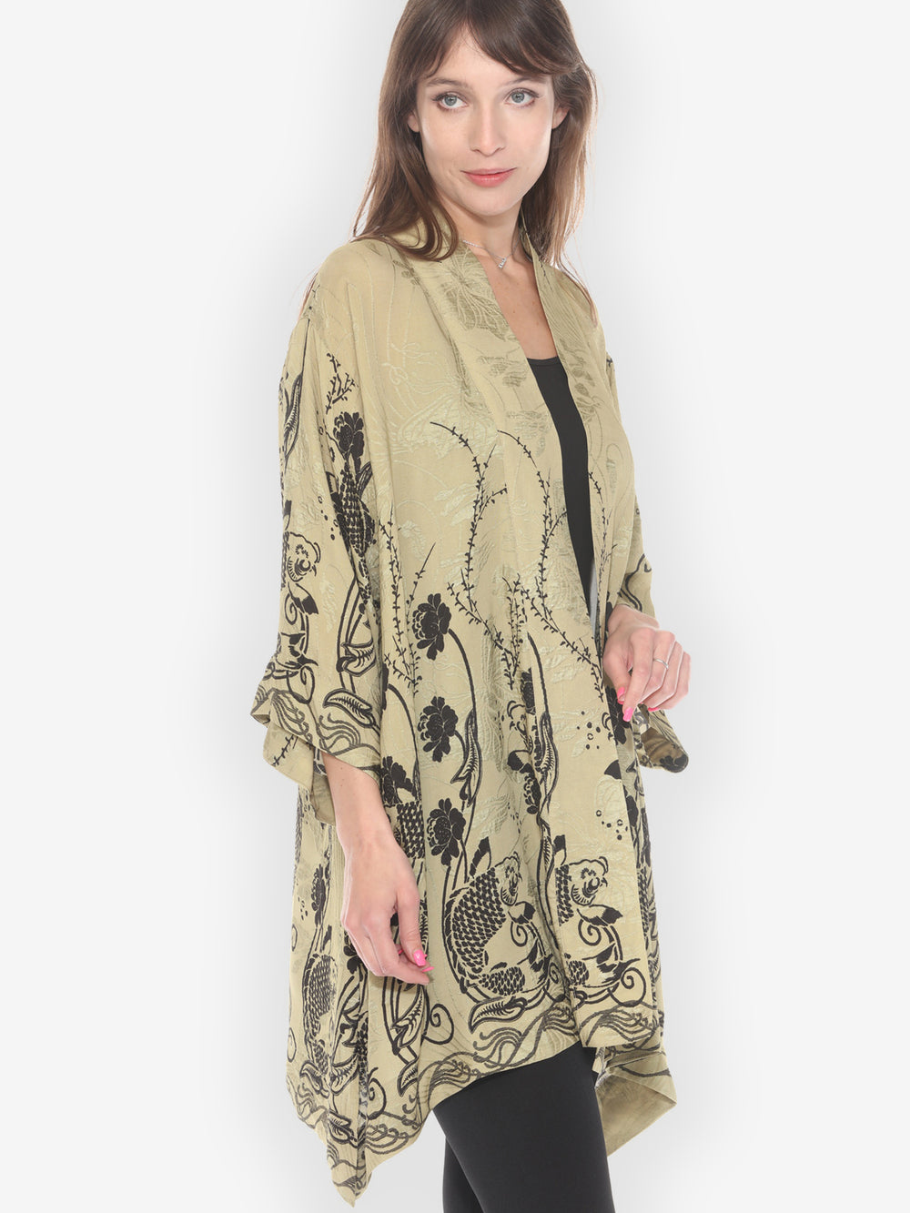 Graceful Fish Flowers in Khaki Silk Kimono Jacket