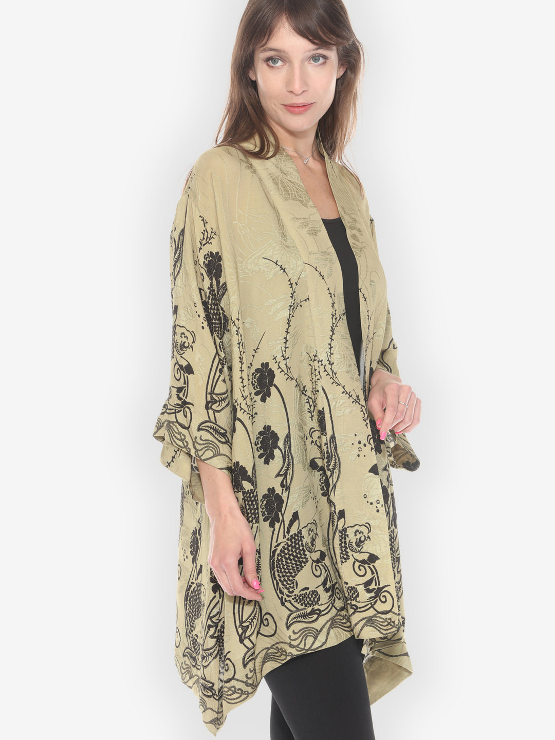 Graceful Fish Flowers in Khaki Silk Kimono Jacket