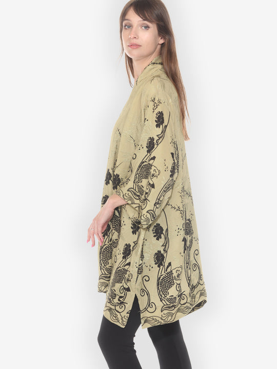 Graceful Fish Flowers in Khaki Silk Kimono Jacket