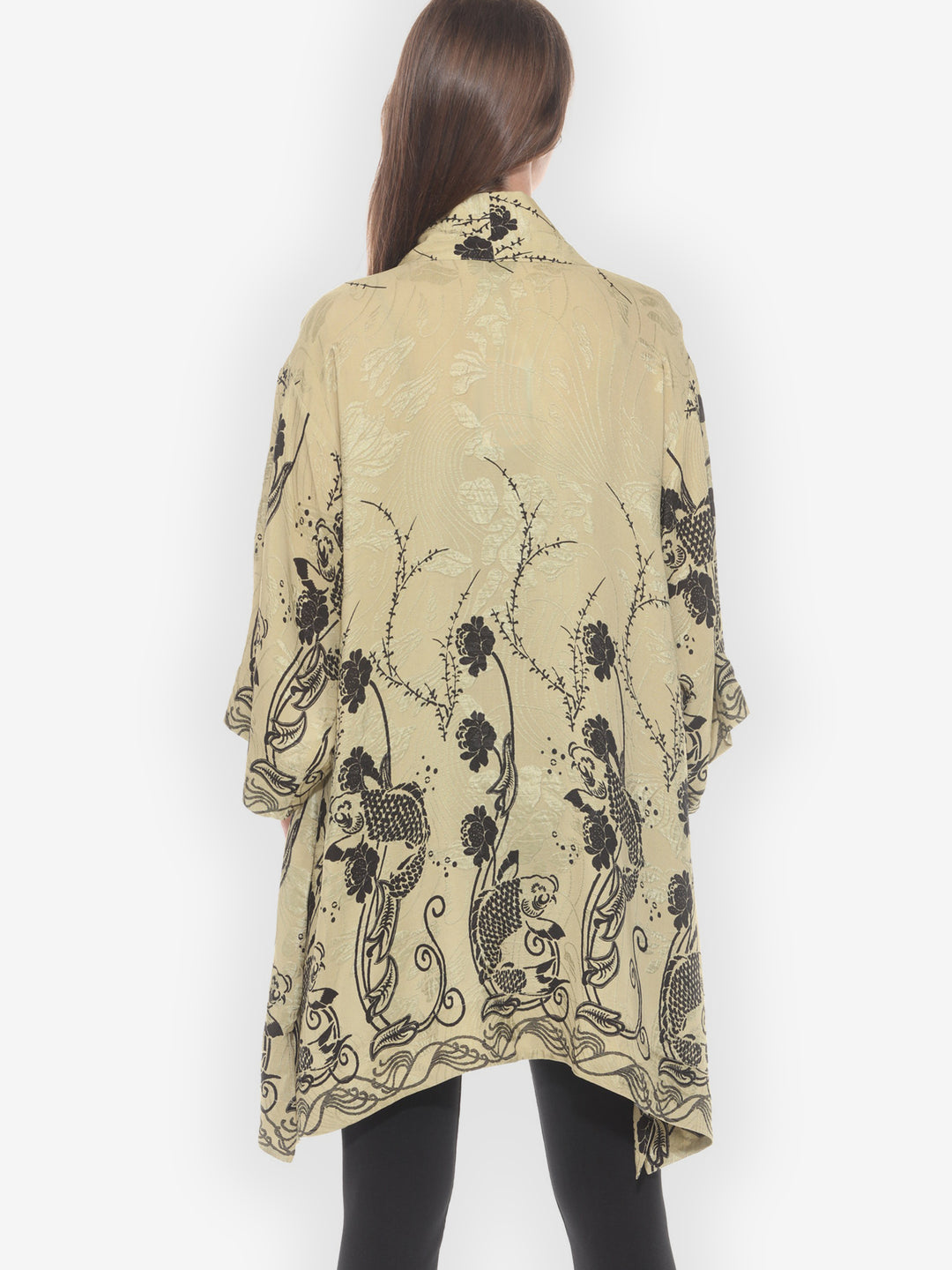 Graceful Fish Flowers in Khaki Silk Kimono Jacket