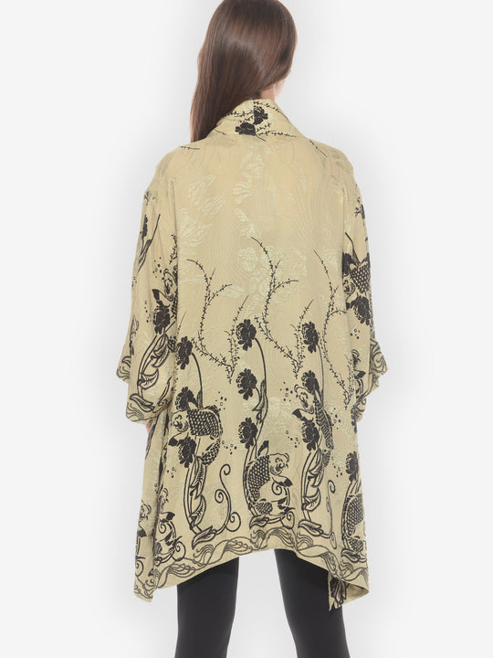 Graceful Fish Flowers in Khaki Silk Kimono Jacket