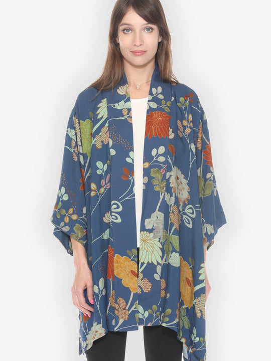 Garden in Blue Silk Blend Kimono Jacket