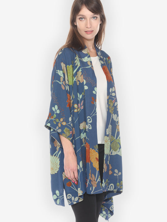 Garden in Blue Silk Blend Kimono Jacket